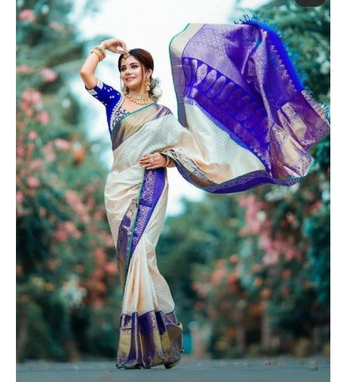 Generic Women's Litchi silk Printed Saree With Unstitched Blouse (Off White)