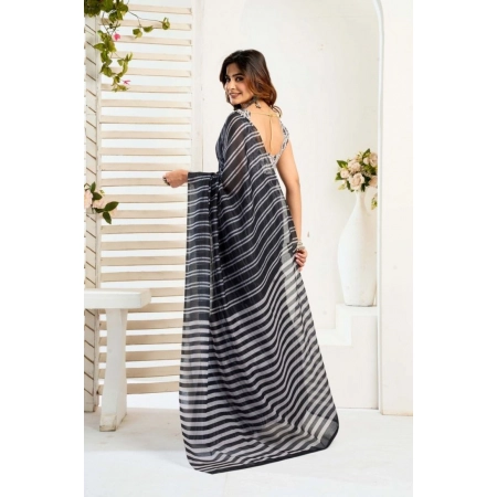 Generic Women's Faux_Linen Printed Ready-to-Wear Saree With Unstitched Blouse 5.5 Mtr (Black)