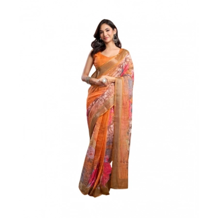 Generic Women's Faux_Linen Printed Ready-to-Wear Saree With Unstitched Blouse 5.5 Mtr (Orange)