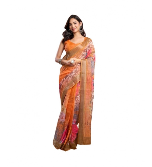 Generic Women's Faux_Linen Printed Ready-to-Wear Saree With Unstitched Blouse 5.5 Mtr (Orange)