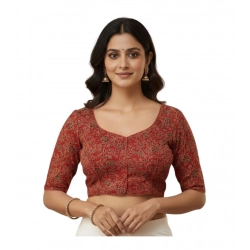 Generic Women's Ajrakh Cotton Round Neck Padded Blouse (Red, 38 Ready Size (Self-Alterable 36–40)