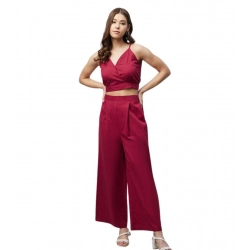 Generic Women's Cotton Linen Solid Sleeveless Crop Top and Palazzo Set (Maroon)