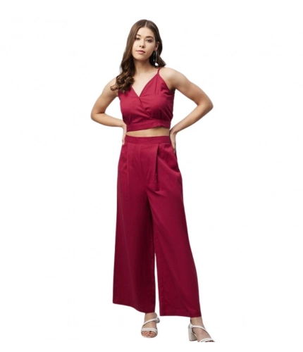 Generic Women's Cotton Linen Solid Sleeveless Crop Top and Palazzo Set (Maroon)
