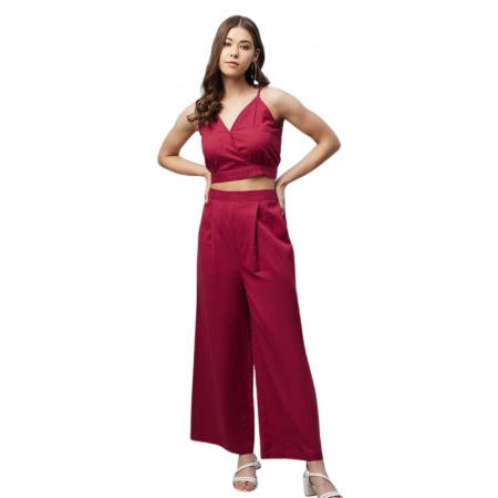 Generic Women's Cotton Linen Solid Sleeveless Crop Top and Palazzo Set (Maroon)