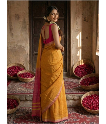 Generic Women's Cotton Printed Saree With Unstitched Blouse 5.5Mtr (Yellow)