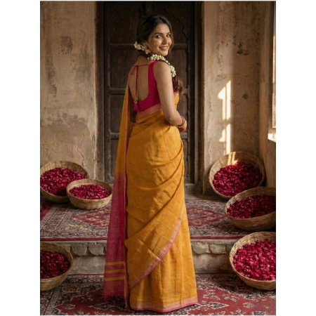 Generic Women's Cotton Printed Saree With Unstitched Blouse 5.5Mtr (Yellow)