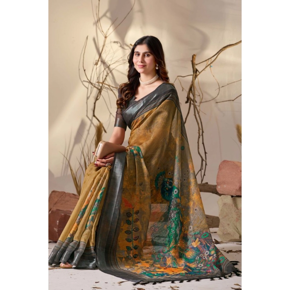 Generic Women's Faux_Linen Printed Saree With Unstitched Blouse 5.5Mtr (Mustard)
