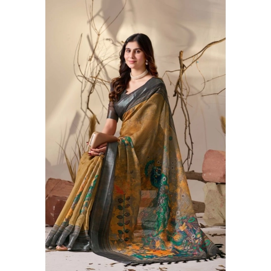 Generic Women's Faux_Linen Printed Saree With Unstitched Blouse 5.5Mtr (Mustard)
