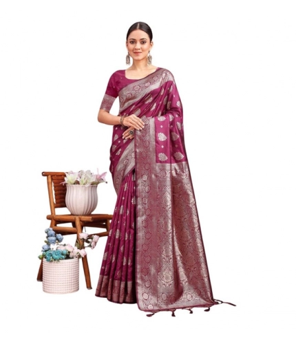 Generic Women's Banarasi Silk Printed Saree With Unstitched Blouse 5.5Mtr (Purple)
