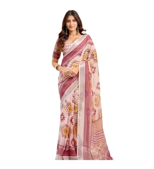 Generic Women's Linen Cotton Printed Ready To Wear Saree With Unstitched Blouse 5.5 Mtr (Maroon)