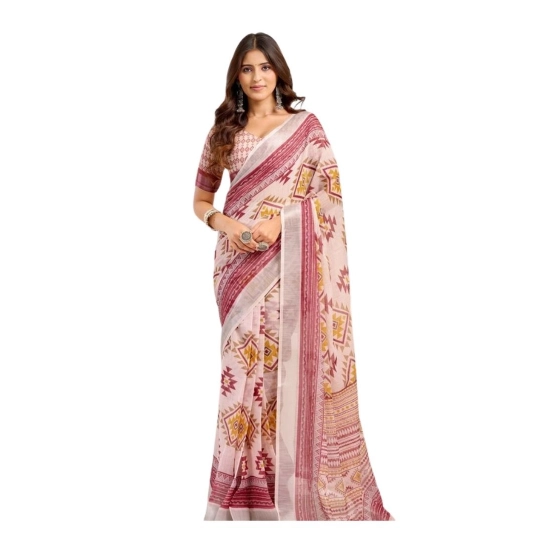 Generic Women's Linen Cotton Printed Ready To Wear Saree With Unstitched Blouse 5.5 Mtr (Maroon)