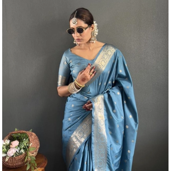 Generic Women's Satin Printed Saree With Unstitched Blouse 5.5Mtr (light Blue)