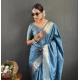Generic Women's Satin Printed Saree With Unstitched Blouse 5.5Mtr (light Blue)