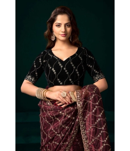 Generic Women's Net Sequence Saree With Unstitched Blouse 5.5Mtr (Maroon)