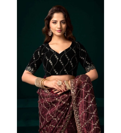 Generic Women's Net Sequence Saree With Unstitched Blouse 5.5Mtr (Maroon)