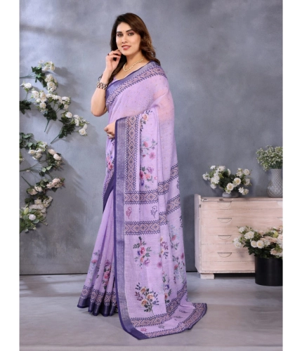 Generic Women's Linen Cotton  Printed Saree With Unstitched Blouse 5.5Mtr (Purple)