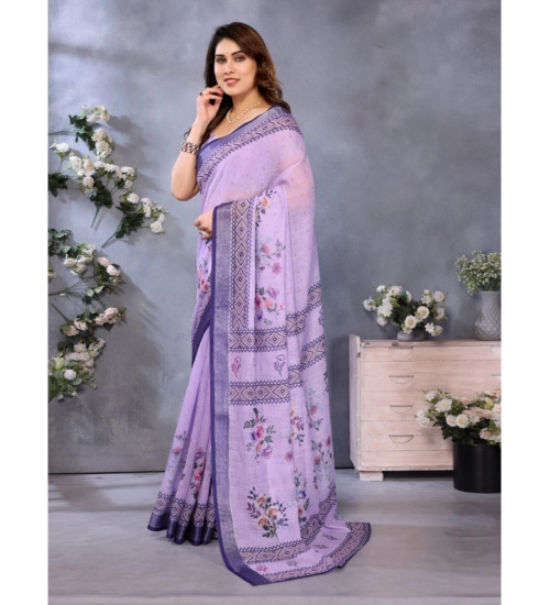 Generic Women's Linen Cotton  Printed Saree With Unstitched Blouse 5.5Mtr (Purple)