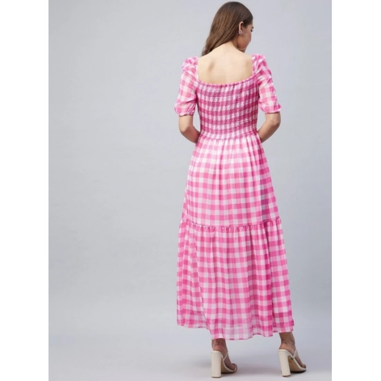 Generic Women's Polyester Georgette Checkered Half Sleeve Dress (Pink) Generic Women's Polyester Georgette Checkered Half Sleeve Dress (Pink)