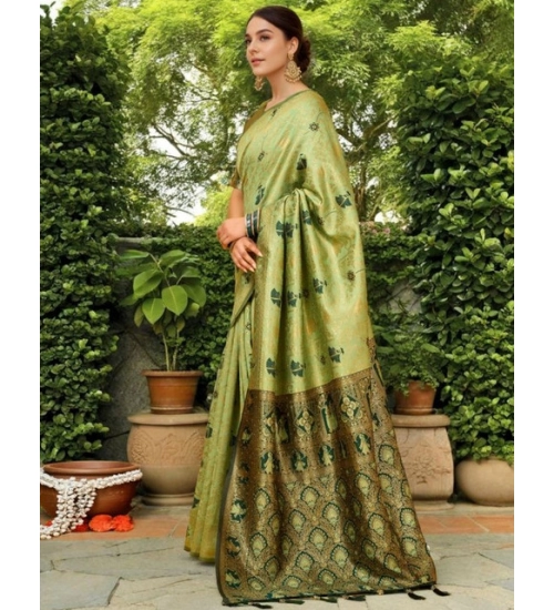 Generic Women's Silk Blend Woven Paithani Saree With Unstitched Blouse 5.5Mtr (Olive)