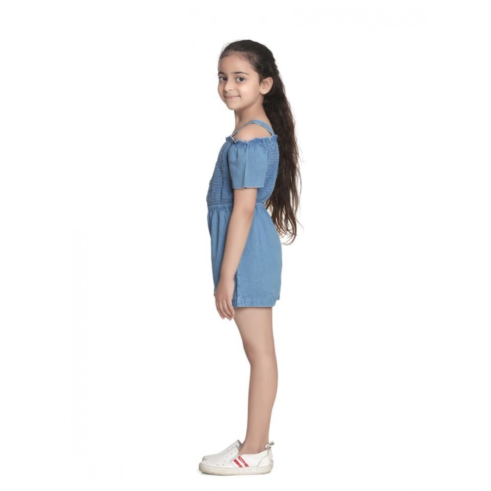 Generic Girl's Rayon Solid Sleeveless Jumpsuit (Blue)