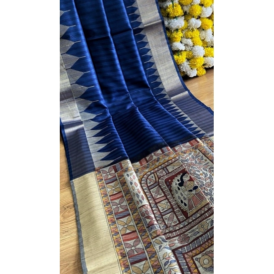 Generic Women's Tussar Silk Madhubani Saree With Unstitched Blouse 5.5Mtr (Blue)