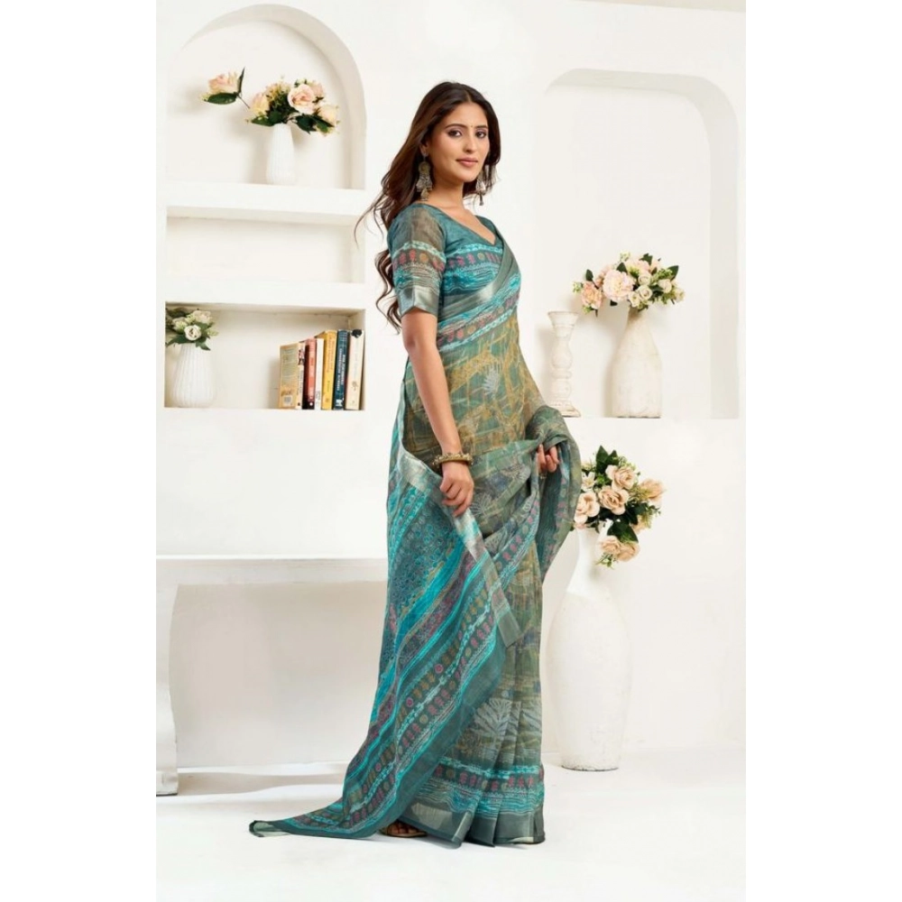 Generic Women's Faux Linen Printed Ready to wear Saree With Unstitched Blouse 5.5Mtr (Multicolor)