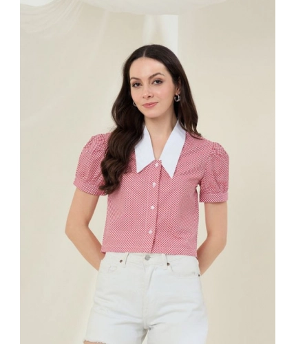 Generic Women's Cotton Checkered Half Sleeve Shirt (Red - White)