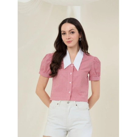 Generic Women's Cotton Checkered Half Sleeve Shirt (Red - White)