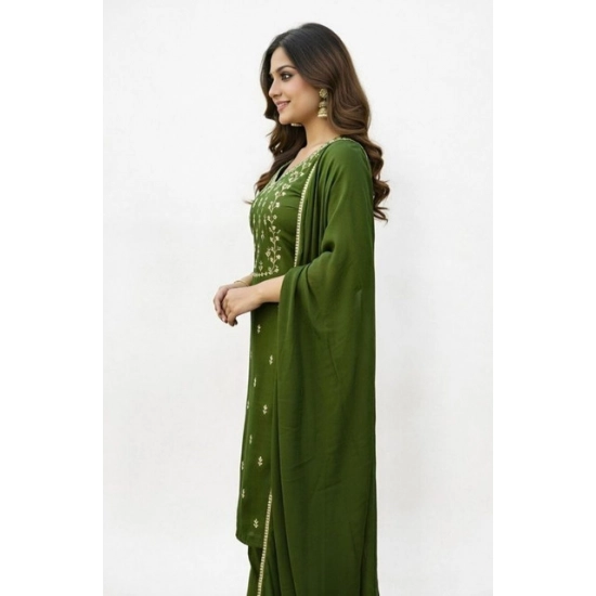Generic Women's Georgette Ethnic Motif Round 3/4th Sleeve Kurti With Pant Dupatta Set (Mahendi)