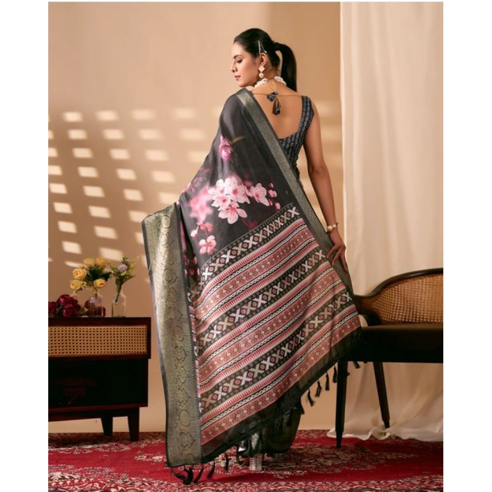 Generic Women's Faux_Silk Printed Saree With Unstitched Blouse 5.5Mtr (Black)