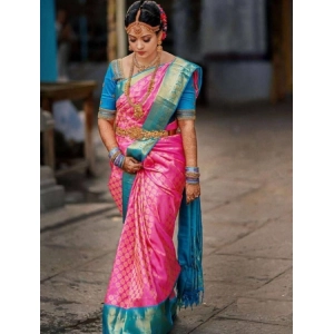 Generic Women's Litchi silk Printed Saree With Unstitched Blouse (Pink)