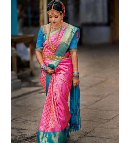 Generic Women's Litchi silk Printed Saree With Unstitched Blouse (Pink)