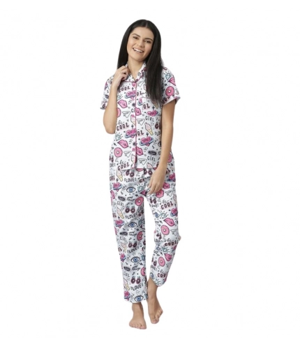 Generic Women's Cotton Blend Printed Short Sleeve Night Suit (Multicolor)