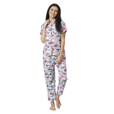 Generic Women's Cotton Blend Printed Short Sleeve Night Suit (Multicolor)