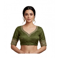 Generic Women's Vichitra Silk V Neck Padded Blouse (Green, 38 Ready Size (Self-Alterable 36–40)
