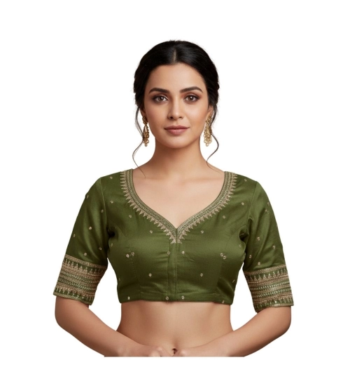 Generic Women's Vichitra Silk V Neck Padded Blouse (Green, 38 Ready Size (Self-Alterable 36–40)