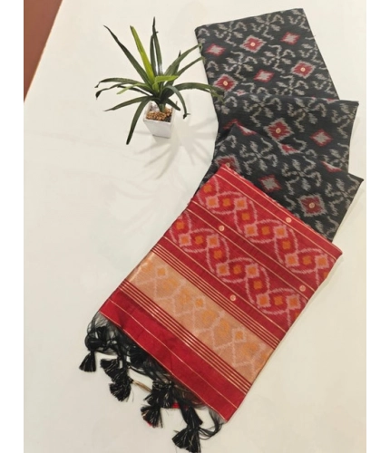 Generic Women's Raw Silk Ikkat Saree With Unstitched Blouse 5.5Mtr (Black)