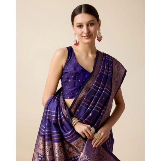 Generic Women's Soft Silk Jacquard Saree With Unstitched Blouse 5.5Mtr (Blue)