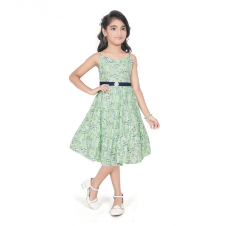 Generic Girl's Cotton Slub Printed Sleeve Less Round Neck Dress (Sea Green)
