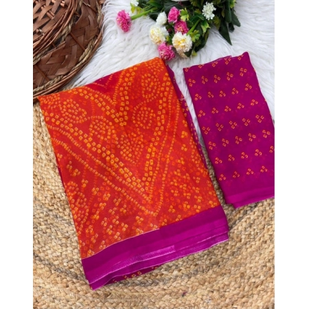 Generic Women's Georgette Bandhani Printed Saree With Unstitched Blouse 5.5Mtr (Orange-Pink)