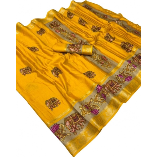 Generic Women's Dola Silk Printed Saree With Unstitched Blouse 5.5Mtr (Yellow) Generic Women's Dola Silk Printed Saree With Unstitched Blouse 5.5Mtr (Yellow)