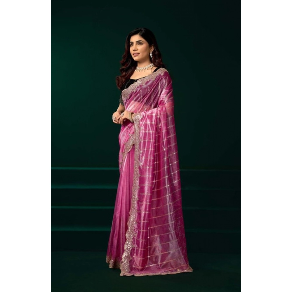 Generic Women's Net Sequence Saree With Unstitched Blouse 5.5Mtr (Pink)