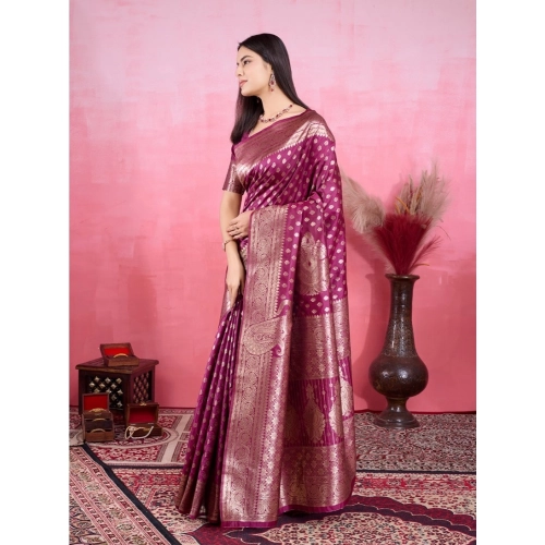 Women's Banarasi Silk Printed Saree With Unstitched Blouse 5.5Mtr (Wine) Women's Banarasi Silk Printed Saree With Unstitched Blouse 5.5Mtr (Wine)