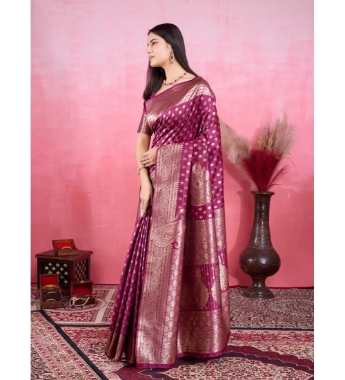Generic Women's Banarasi Silk Printed Saree With Unstitched Blouse 5.5Mtr (Wine)