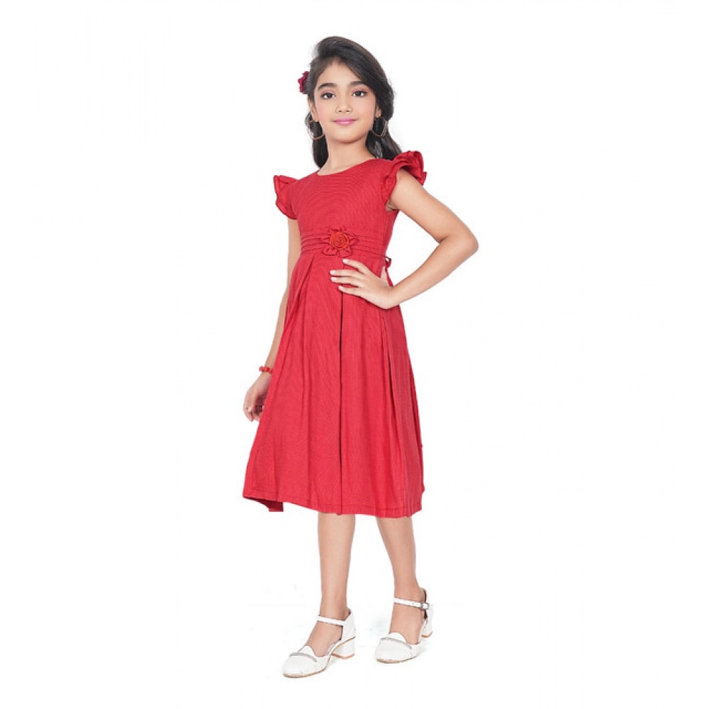 Generic Girl's Rayon Soild Short Sleeve Round Neck Dress (Red) Generic Girl's Rayon Soild Short Sleeve Round Neck Dress (Red)