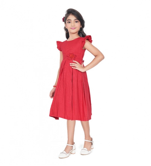 Generic Girl's Rayon Soild Short Sleeve Round Neck Dress (Red)