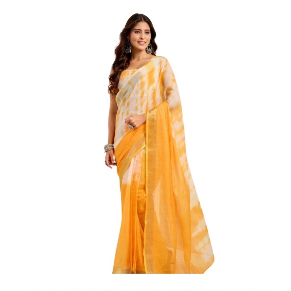 Generic Women's Linen Cotton Printed Ready To Wear Saree With Unstitched Blouse 5.5 Mtr (Yellow)