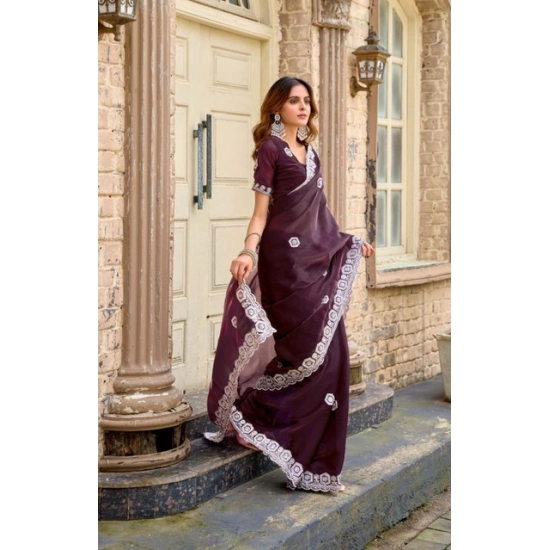 Generic Women's Faux Shimmer Geometric Ready to wear Saree With Unstitched Blouse 5.5Mtr (Wine) Generic Women's Faux Shimmer Geometric Ready to wear Saree With Unstitched Blouse 5.5Mtr (Wine)