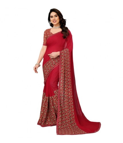 Generic Women's Georgette Printed Saree With Unstitched Blouse 5.5Mtr (Red)