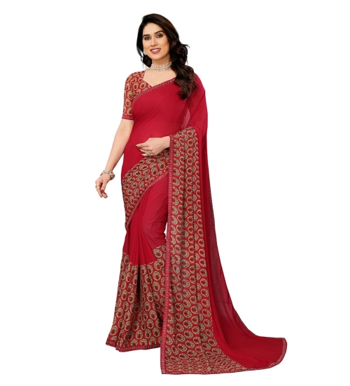 Generic Women's Georgette Printed Saree With Unstitched Blouse 5.5Mtr (Red)
